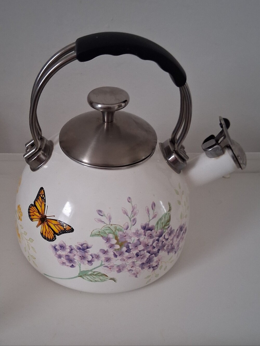 Lenox White Floral Butterfly Whistling Tea Kettle - Classic Stovetop